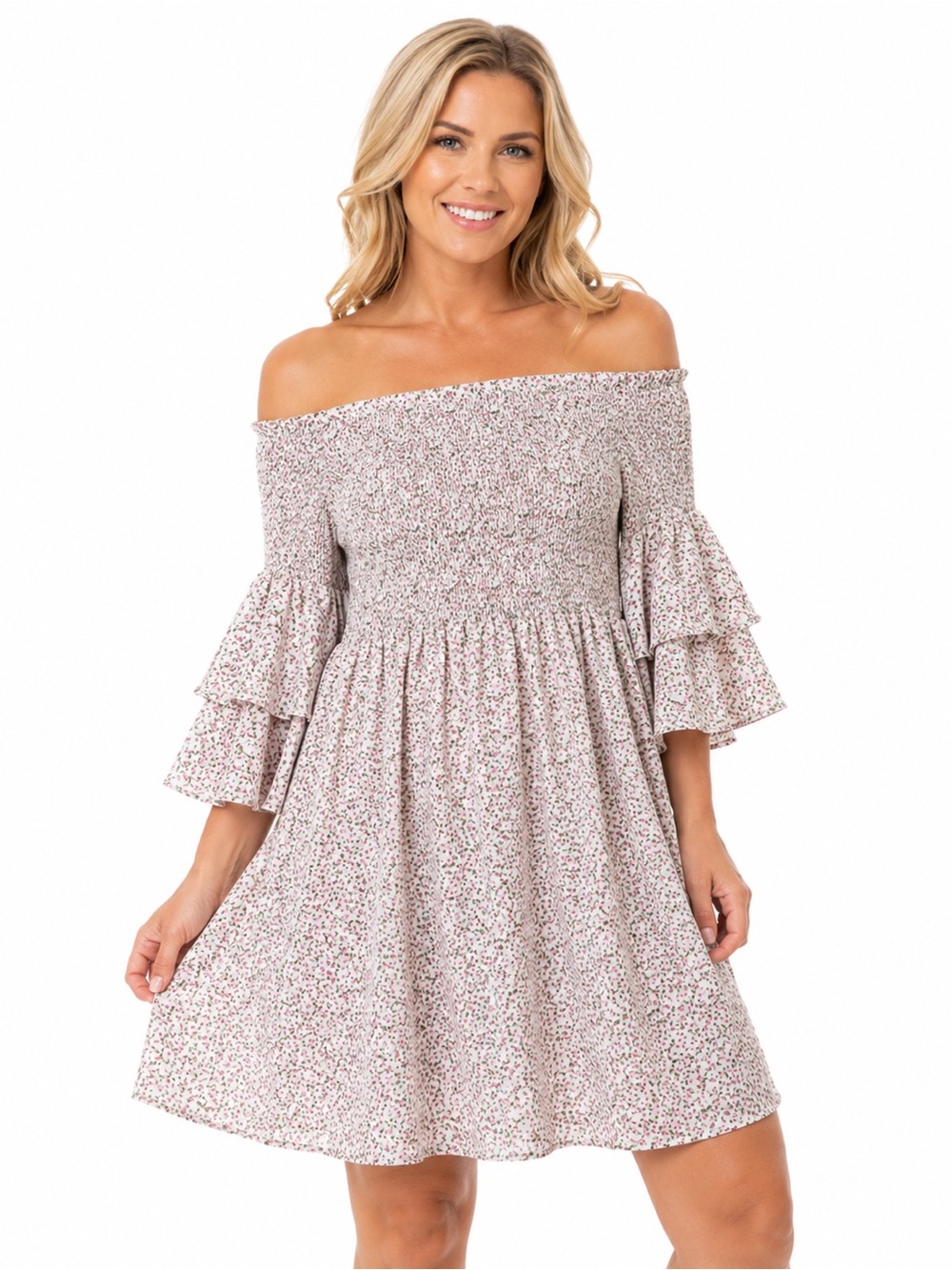 SHEIN Pink Floral Off-Shoulder Smocked Mini Dress